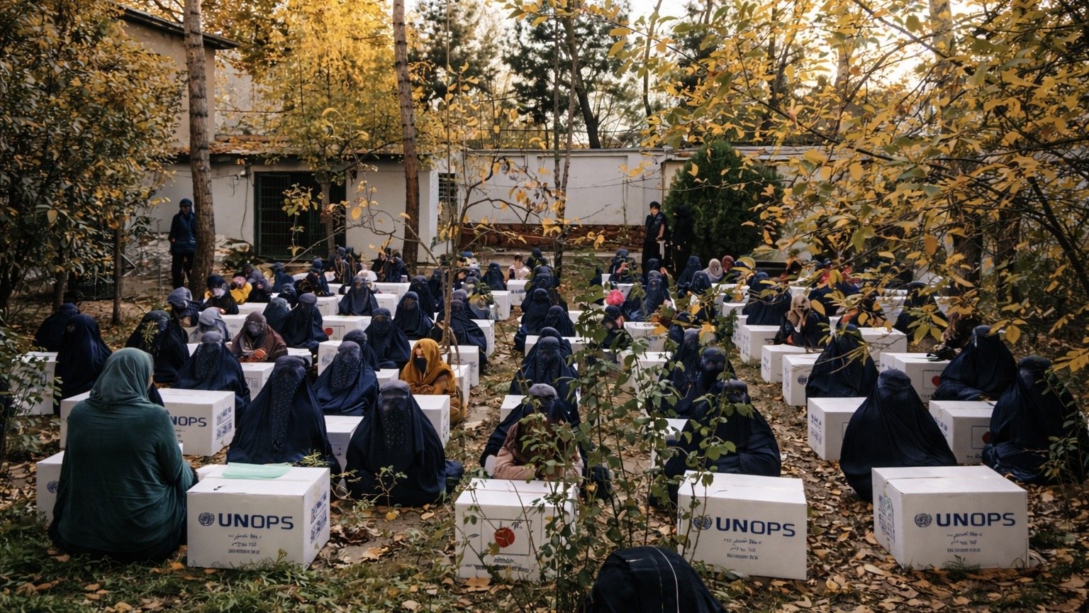 Women seated among autumn trees, each beside a white UNOPS box of supplies